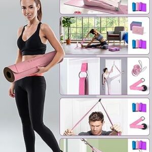 1/3 Yoga Mat Thick, Yoga Set for Beginners Include High Density Yoga Mat with Multi-loops Yoga Strap, Yoga Blocks, Booty Resistance Band Set, Door Anchor, Carring Bag & Strap