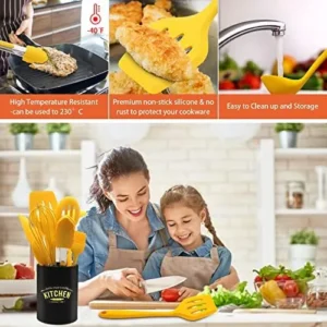 11 Piece Cooking Kitchen Utensils Set, Yellow Cooking Utensils Set, Non-Stick Silicone Spatula Set with Iron Utensils Holder, Silicone Kitchen Gadgets Utensil Set (Yellow)