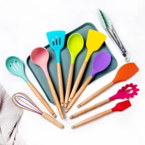 12Pcs Silicon Utensils Set for Kitchen,Heat Resistant Colorful for Cooking Made of Wooden Handles and Non Toxic Silicone for Nonstick Cookware and Baking