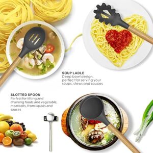 14 Pcs Silicone Cooking Utensils Kitchen Utensil Set – 446°F Heat Resistant,Turner Tongs, Spatula, Spoon, Brush, Whisk, Wooden Handle Gray Gadgets with Holder for Nonstick Cookware (BPA Free)