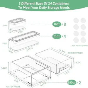 14Pack Fridge Organizer Bins, Clear Refrigerator Organizing Containers with Lids and Refrigerator Drawers, Stackable Food, Vegetable and Fruit Containers for Fridge Organizers and Storage