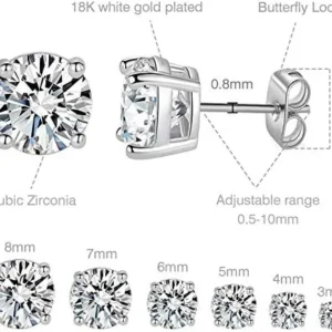 18K White Gold Plated 4 Pong Round Clear Cubic Zirconia Stud Earring Pack of 6 Pairs (6 Pairs)