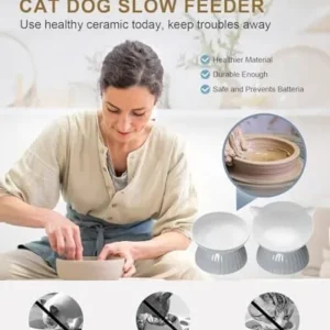 2 Ceramic Raised Cat Food Bowls, Elevated Cat Food and Water Bowl Set, Pet Bowl for Indoor Cats and Small Dogs, Anti-Vomiting Cat Dog Feeder with Plastic Base, Dishwasher Safe, Grey…