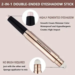 2 in 1 eyeshadow stick and Sponge Makeup Brush, Smooth Cream Shimmer Shadow Pencil Long Lasting Waterproof Eye Shadow Highlighter, Hypoallergenic Highlighter Multi-Dimensional eyes Look