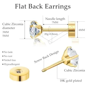 2 Pairs Flat Back Earrings for Women, Nap Earrings as 18k Gold Studs Earrings for Women, Hypoallergenic Cartilage Earring as Flat Back Stud Earrings for Girls Women (3+5mm, Gold)