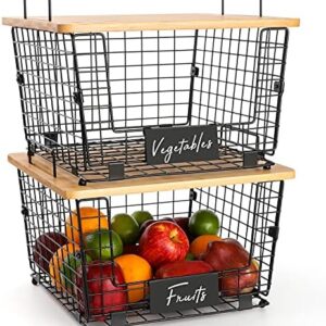 2 Set Stackable Wire Basket with Bamboo Top -Kitchen Counter, Pantry Organization and Storage – Cabinet, Shelf, Countertop Space Saving Organizing – Produce, Fruit, Onion, Potato, Bread Organizer Bin