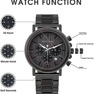 2win Mens Wooden Watches Luxury Stainless Steel Wood Watch for Men Chronograph Quartz Watches