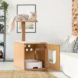 3-in-1 Cat Litter Box Enclosure, Wooden Cat House with Cat Bed Hidden Cat Washroom Furniture with Scratching Post