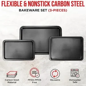 3 Piece Set Nonstick Carbon Steel Oven Bakeware -Professional Quality Kitchen Cooking Baking Trays -PFOA, PFOS, PTFE-Free Small, Medium & Large Baking Sheet Pans