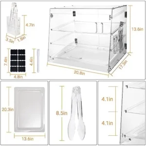 3 Tray Commercial Countertop Bakery Display Case 21″ x 17.3″ x 14″ Acrylic Pastry Display Case with Serving Tong, Bread Display Case with Front & Rear Doors