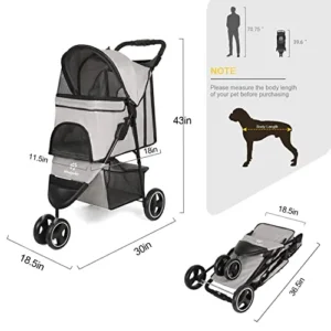 3 Wheel Pet Stroller with Storage Basket and Cup Holder for Small and Medium Cats, Dogs Travel Folding Carrier Stroller (Gray)