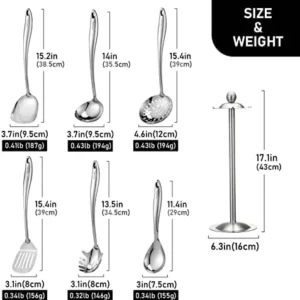 304 Stainless Steel Cooking Utensils Set with Holder, 7-Pieces All Metal Kitchen Utensils with Rotating Stand, Spatula, Soup Ladle, Skimmer Spoon, Slotted Spatula Tunner, Spaghetti Spoon, Large Spoon