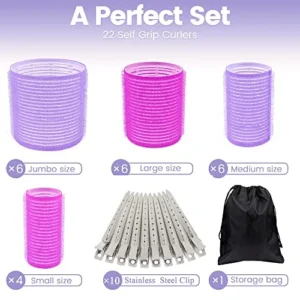 33 Pcs Hair Rollers set, Self Grip Hair Rollers for Long Medium Short Hair, ELASO Jumbo Large medium Hair Curlers （22 Velcro Rollers + 10 Stainless steel Clip +1 Storage Bag）