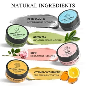 4 Pcs Clay Facial Mask Set – Turmeric, Vitamin C, Green Tea, Dead Sea Mud, and Rose Clay for Deep Cleansing, Moisturizing, and Refining Pores – 240g