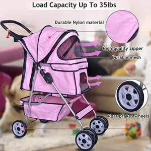 4 Wheels Pet Stroller Cat Dog Cage Stroller Travel Folding Carrier with Cup Holders and Removable Liner for Small-Medium Dog, Cat (Pink)