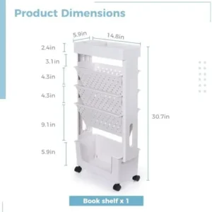 5-Tier Book Rack Storage Bookshelf, Removable Movable Unique Bookcase, Utility Organizer Bookshelves with Wheels for Study in Bedroom Living Room Home School