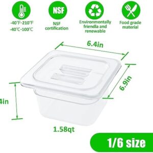 6 Pack 1/6 Size 4” Deep Clear Food Pans with Lids, Commercial Food Pans Acrylic Transparent Food Storage Containers, Stackable Plastic Pan with Capacity Scale, Restaurant Supplies Hotel Pan