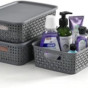 [ 8 Pack ] Plastic Storage Baskets With Lids, Small Pantry Organization, Stackable Storage Bins, Household Organizers for Cabinets, Countertop, Drawers, Under Sink or On Shelves,Gray