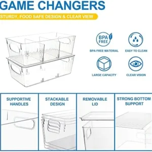 8pcs Refrigerator Organizer Bins with Lids – Clear Plastic Storage Bins, Stackable Food Fridge Organizers with Cutout Handles, Fruit Vegetable Storage Containers for Kitchen Pantry Organization