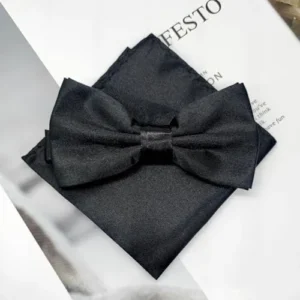 Adjustable Bowtie and Pocket Square Men Bowtie and Handkerchief Solid Color Double Fold Pre-Tied Bow Tie for Wedding Party