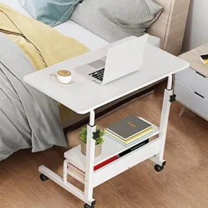 Adjustable Table Student Computer Portable Home Office Furniture Small Spaces Sofa Bedroom Bedside Desk Learn Play Game Desk on Wheels Movable with Storage Desk Size 31.5 * 15.7 Inch,White D