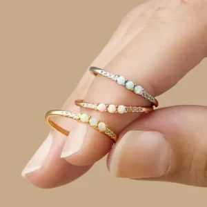 AFFY Dainty 14K Gold Over Sterling Silver Stacked Finger Band Synthetic Opal Promise Ring Jewelry Gift For Her