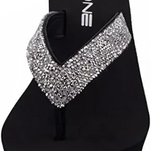 AIMONE-Stella Black Wedge Sandals for Women Dressy Rhinestone Platform Flip Flops