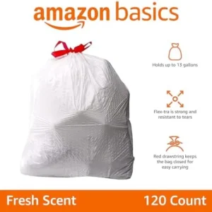 Amazon Basics Flextra Tall Kitchen Drawstring Trash Bags, Fresh Scent, 13 Gallon, 120 Count