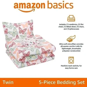 Amazon Basics Kid’s Easy Care Microfiber Bed-in-a-Bag 5-Piece Bedding Set, Twin, Butterfly Friends