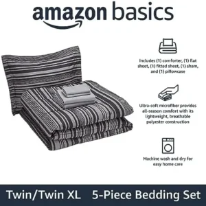 Amazon Basics Lightweight Microfiber Bed-in-a-Bag Comforter 5-Piece Bedding Set, Twin/Twin XL, Gray Calvin Stripe, Striped