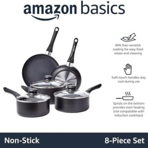 Amazon Basics Non-Stick Cookware 8-Piece Set, Pots and Pans, Black