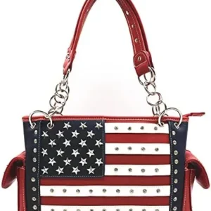 American Flag USA Stars and Stripes Patriotic Leather Purse Women Rhinestone Country Handbag Wallet Set Red White and Blue