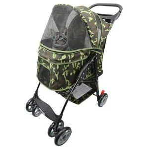 AmorosO 4 Wheels Pet Convenient Stroller | Portable Jogger Stroller for Small Medium Dogs Cats | Travel Folding Puppy Carrier Waterproof with Storage Basket (Green Camo)