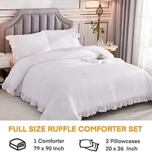 Andency White Comforter Full Size, 3 Pieces Solid Farmhouse Shabby Chic Ruffle Bedding Sets, All Season Soft Lightweight Comfy Down Alternative Bed Set for Girls Teens Men Women