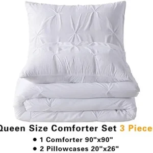 Andency White Queen Comforter Set(90x90Inch), 3 Pieces Cute Pinch Pleat Bedding Comforters & Sets for Queen Bed, Soft Lightweight Fluffy Down Alternative All Season Bed Set