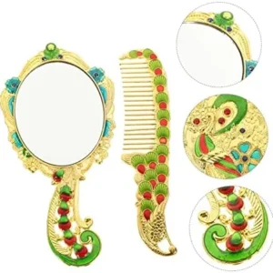 Angoily 1 Set Beauty Mirror Comb Set Peacock Accessories Hand Held Vanity Mirrors Travel Make up Mirror Retro Make up Comb Durable Makeup Mirror Woman Portable Makeup Tools Alloy