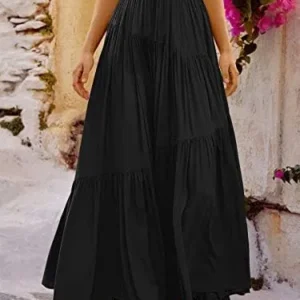 ANRABESS Women’s Boho Elastic High Waist Pleated A-Line Flowy Swing Asymmetric Tiered Maxi Long Skirt Dress with Pockets