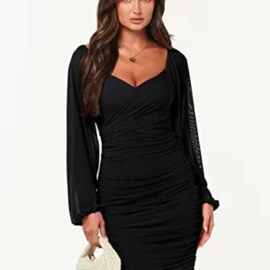 ANRABESS Women’s Sexy V Neck Ruched Bodycon Mini Dress Puff Long Sleeve Cocktail Wedding Party Short Dresses