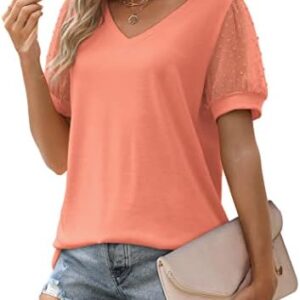 Aokosor Womens Summer Tops V Neck T Shirts Swiss Dot Puff Sleeve Tops Loose Casual Tshirts