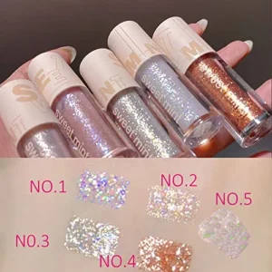 Aolailiya 5pcs Liquid Glitter Eyeshadow set- Sparkling Metallic High Pigmented Glitter Eye Shadow Korean Crystals Makeup, Quick Drying Long Lasting Creates High-Impact Multi Dimensional Eye Looks