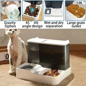 Apatal Gravity Automatic Cat Feeder Set, 2 in 1 Gravity Pet Food and Water Bowl Set All-in-One Auto Puppy Supply Feeding Watering Supplies for Small Medium Indoor Dogs Cats Pets(Grey)