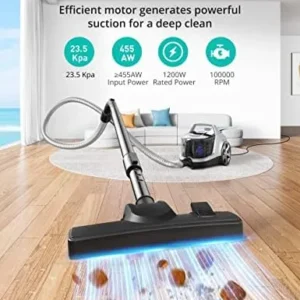 Aspiron Canister Vacuum Cleaner, Lightweight Bagless Vacuum Cleaner, 3.7QT Large Dust Cup, Automatic Cord Rewind, 5 Tools, HEPA Filter, Variable Speed Portable Vacuum for Hard Floors, Pet, Car, Silver