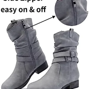 Ataiwee Women’s Mid Calf Booties, Cowboy Cowgirl Chunky Heel Side Zipper Boots.