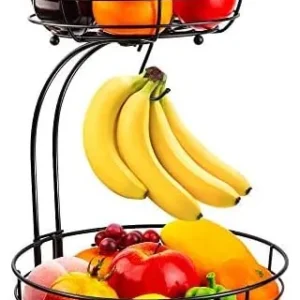 Auledio Iron 2-Tier Countertop Fruit Vegetables Basket Bowl Storage With Banana Hanger, Black, 64 ounces