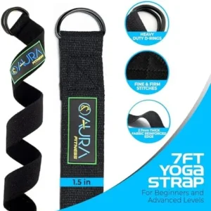 Aura Yoga Strap for Stretching | 7 feet, Yoga Belt with Non-Slip Adjustable D-Ring Buckle | Cotton Webbing stretching strap to Enhance Flexibility | Multi-Purpose Physical Therapy strap with Carry bag