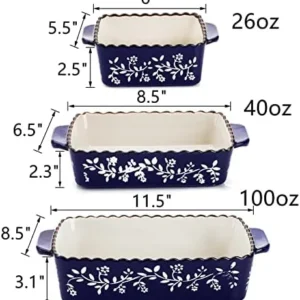 AVLA 3 Pack Ceramic Bakeware Set Porcelain Rectangular Baking Dish Lasagna Pans for Cooking Kitchen Casserole Dishes Cake Dinner 12 x 8.5 x 6 Inches of Baking Pans Banquet and Daily Use Cobalt Blue