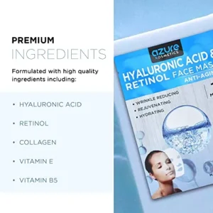 AZURE Hyaluronic Acid & Retinol Anti Aging Facial Mask – Rejuvenating & Hydrating Face Mask – Helps Reduce Fine Lines & Wrinkles, Smooths & Repairs – Skin Care Made in Korea – 5 Pack