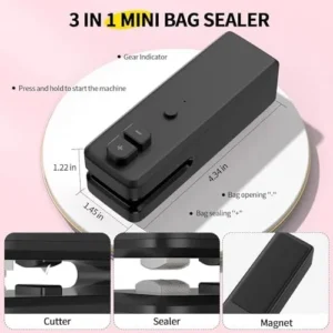 Bag Sealer Mini, 3 in 1 Mini Bag Sealer Heat Seal with Cutter & Magnet, Rechargeable Mini Chip Bag Vacuum Sealer Machine for Reseal Plastic Bags & Keep Snacks Fresh, Portable Kitchen Gadget (Black)