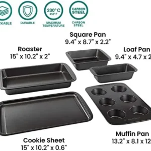 Baker’s Secret Stackable Baking Set of 5 Bakeware Pans, Bakeware Set, Baking Pan Set Includes Muffin Pan, Roaster Pan, Square Pan, Cookie Sheet, Loaf Pan, Easy Store, Dishwasher Safe, Baking Supplies