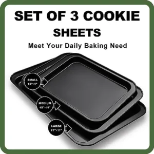 Baking Sheet Tray Set, 3 Pack Cookie Sheet Pan for Oven, Nonstick Bakeware Sets with Wider Grips, Half/Jelly Roll/Quarter Non Toxic & Easy Clean – Dark Grey